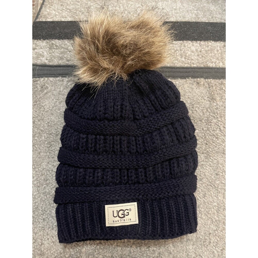 Ugg Knit Ribbed Cable Beanie Hat Faux Fur Pom Fleece Lined Navy